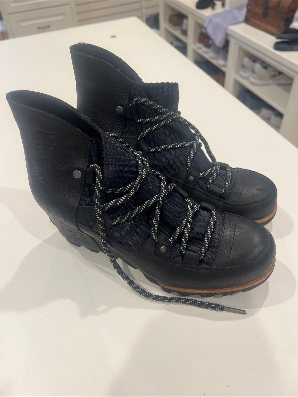 Sorel Black Lace-Up Leather Hiking-Inspired Ankle Boots with Brown Trim